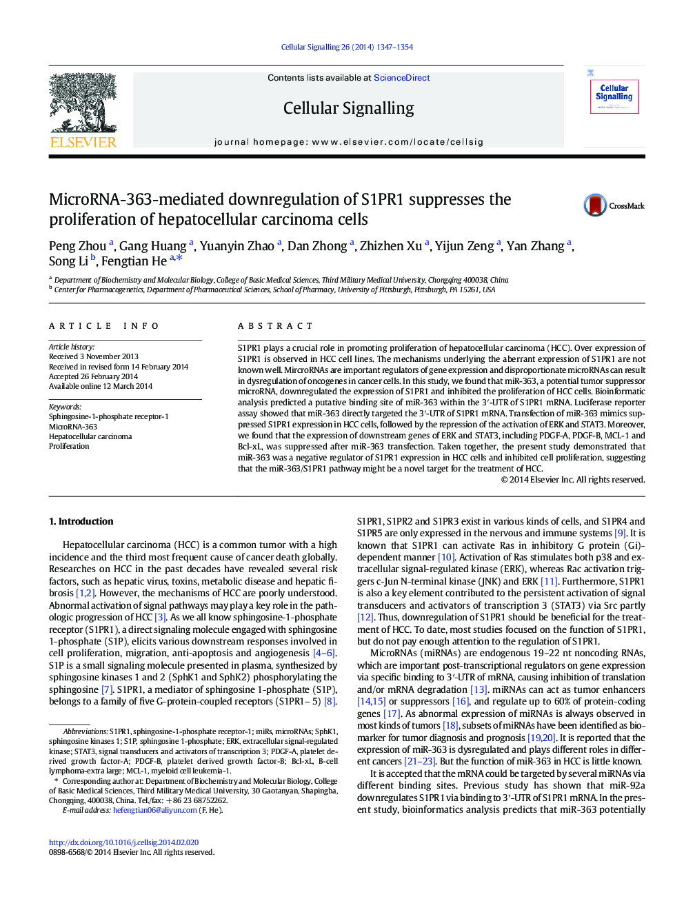 MicroRNA-363-mediated downregulation of S1PR1 suppresses the proliferation of hepatocellular carcinoma cells