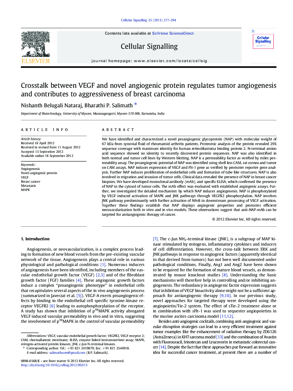 Crosstalk between VEGF and novel angiogenic protein regulates tumor angiogenesis and contributes to aggressiveness of breast carcinoma