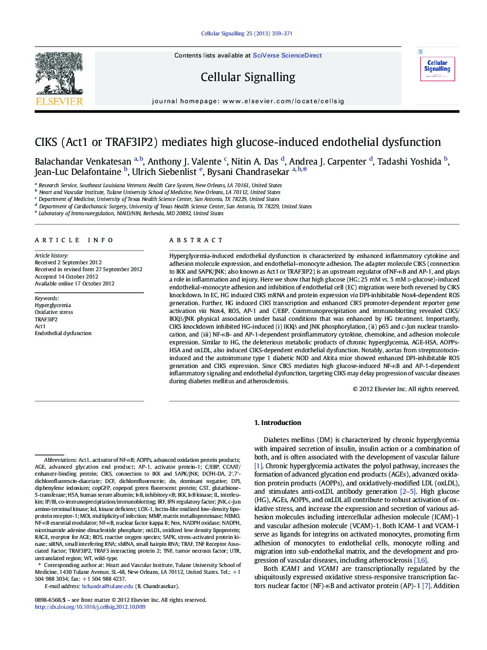 CIKS (Act1 or TRAF3IP2) mediates high glucose-induced endothelial dysfunction