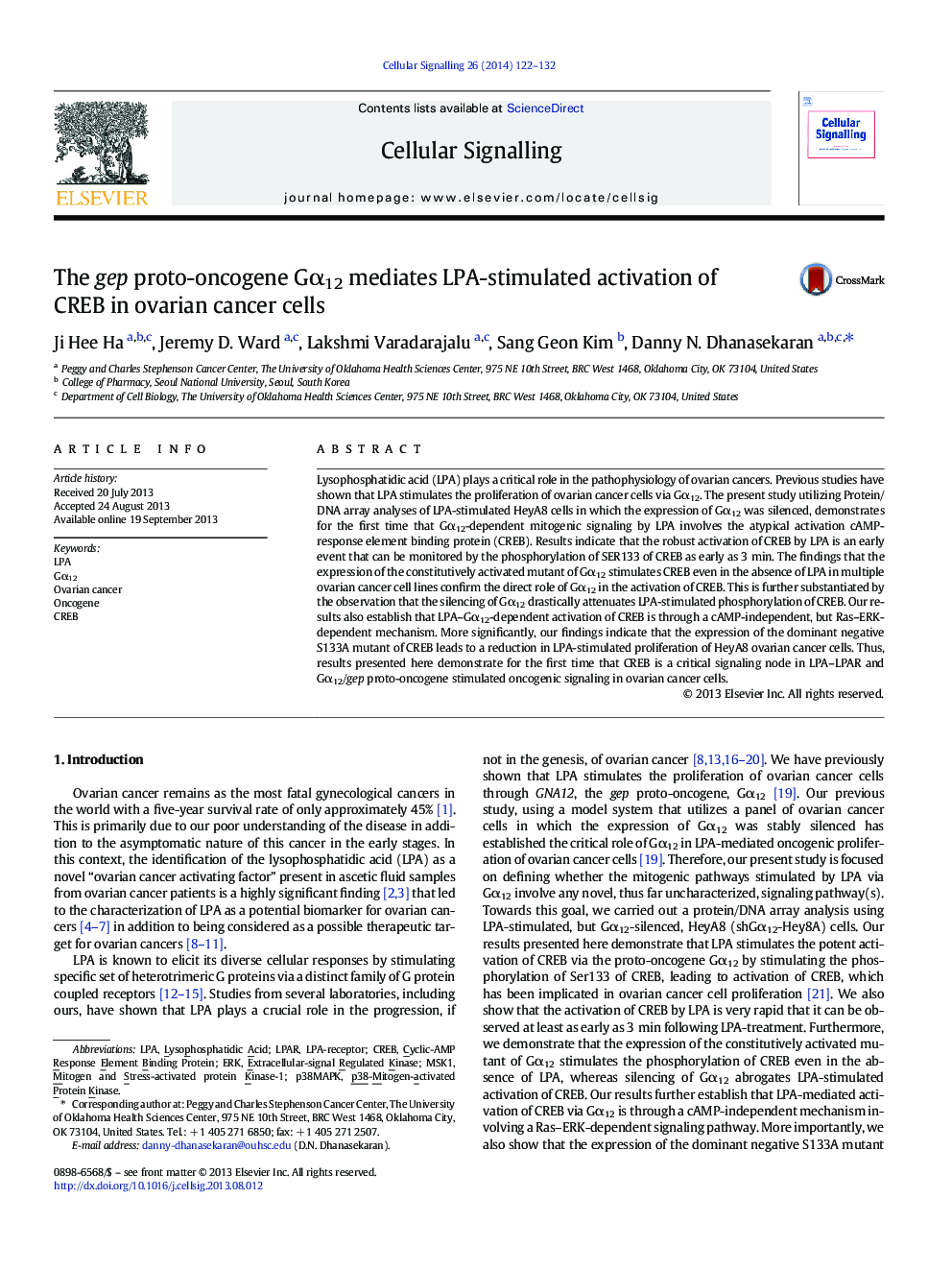 The gep proto-oncogene GÎ±12 mediates LPA-stimulated activation of CREB in ovarian cancer cells