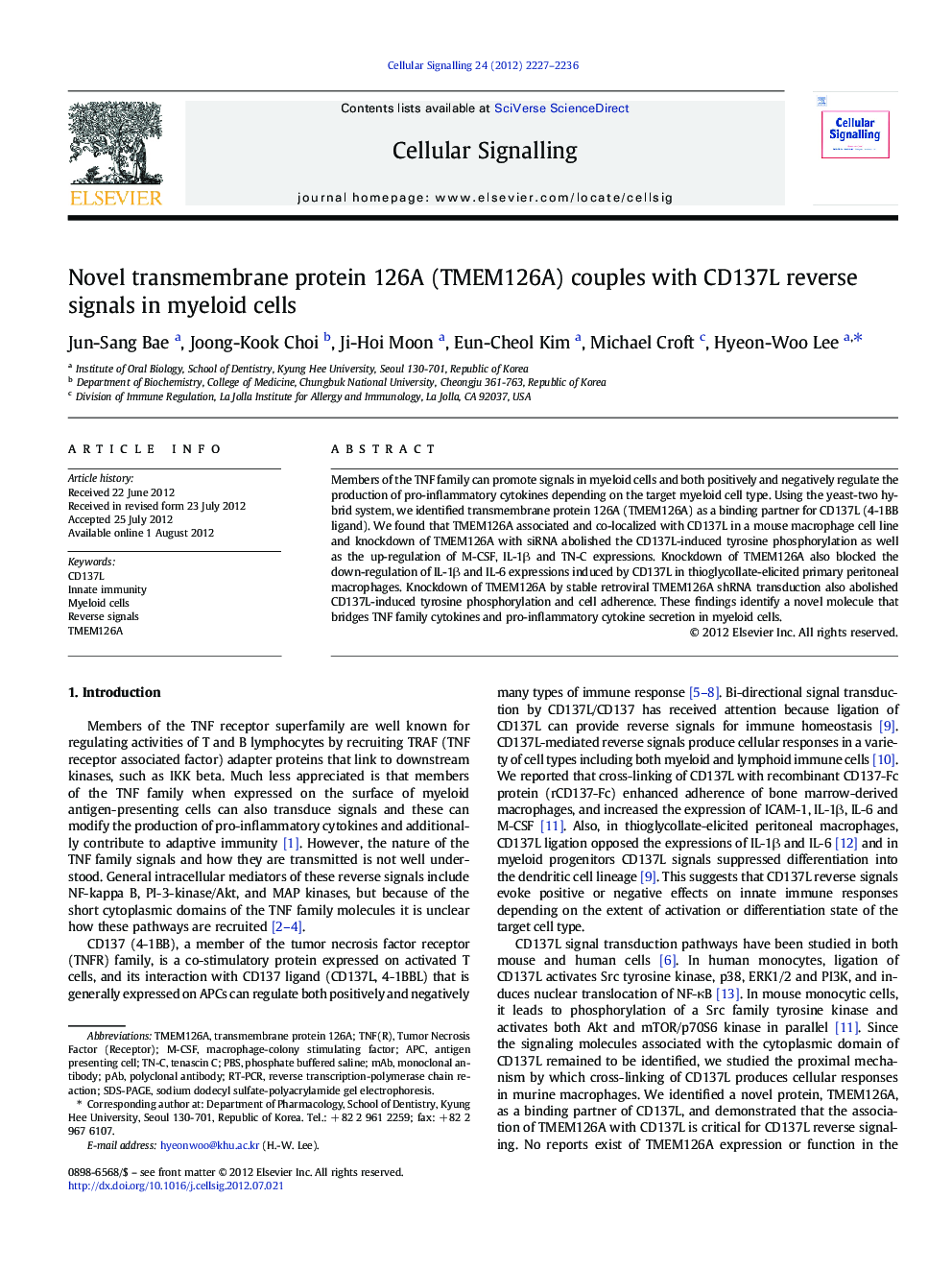 عکس صفحه اول مقاله: Novel transmembrane protein 126A (TMEM126A) couples with CD137L reverse signals in myeloid cells Novel transmembrane protein 126A (TMEM126A) couples with CD137L reverse signals in myeloid cells