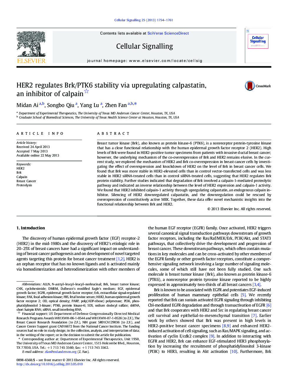 HER2 regulates Brk/PTK6 stability via upregulating calpastatin, an inhibitor of calpain