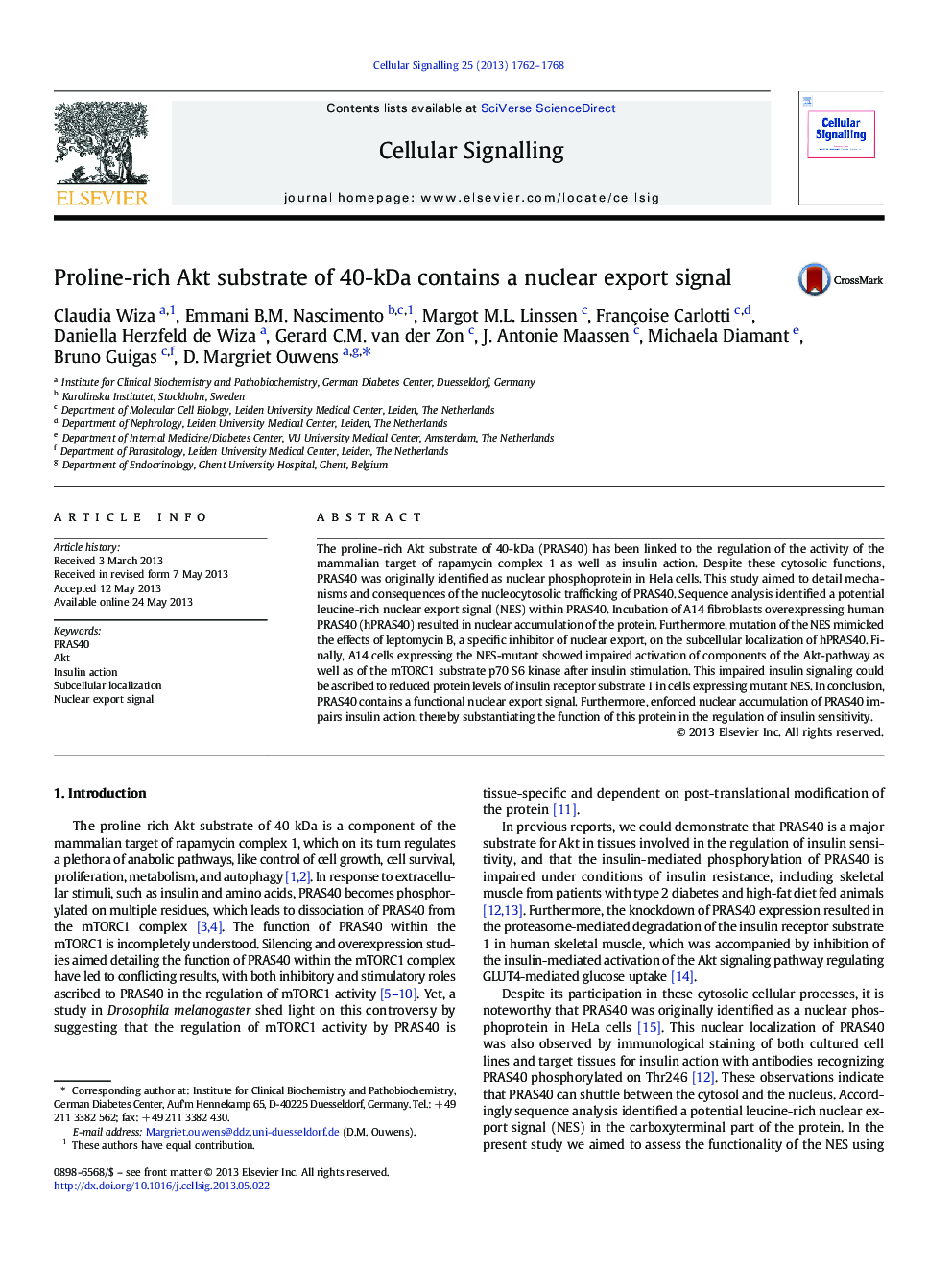 Proline-rich Akt substrate of 40-kDa contains a nuclear export signal