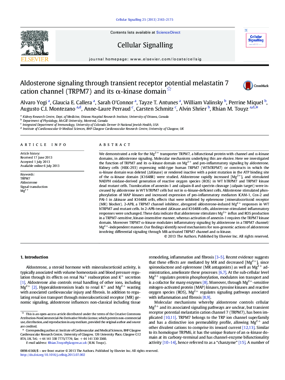 Aldosterone signaling through transient receptor potential melastatin 7 cation channel (TRPM7) and its Î±-kinase domain