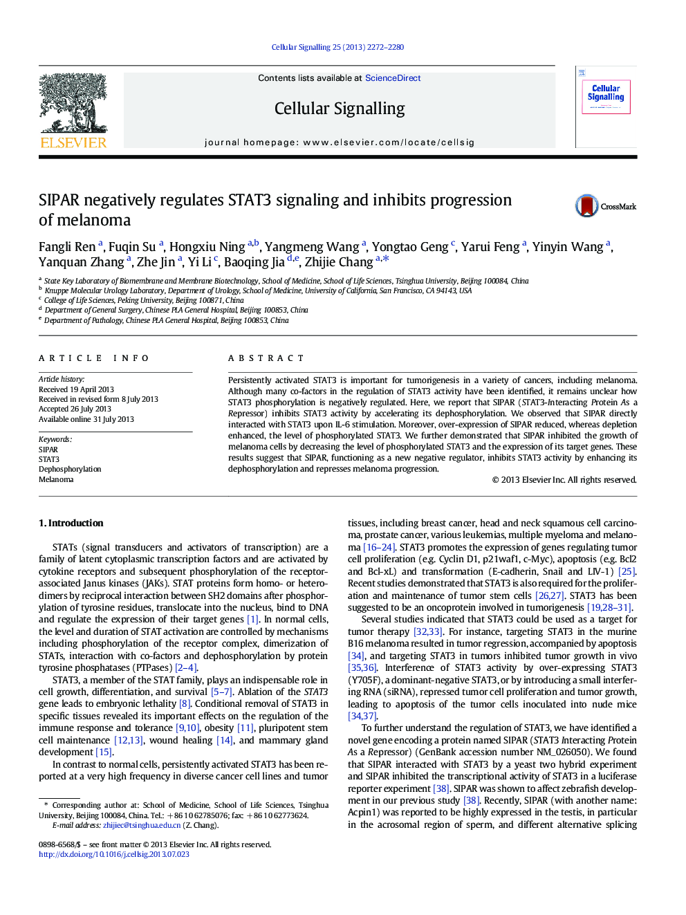SIPAR negatively regulates STAT3 signaling and inhibits progression of melanoma