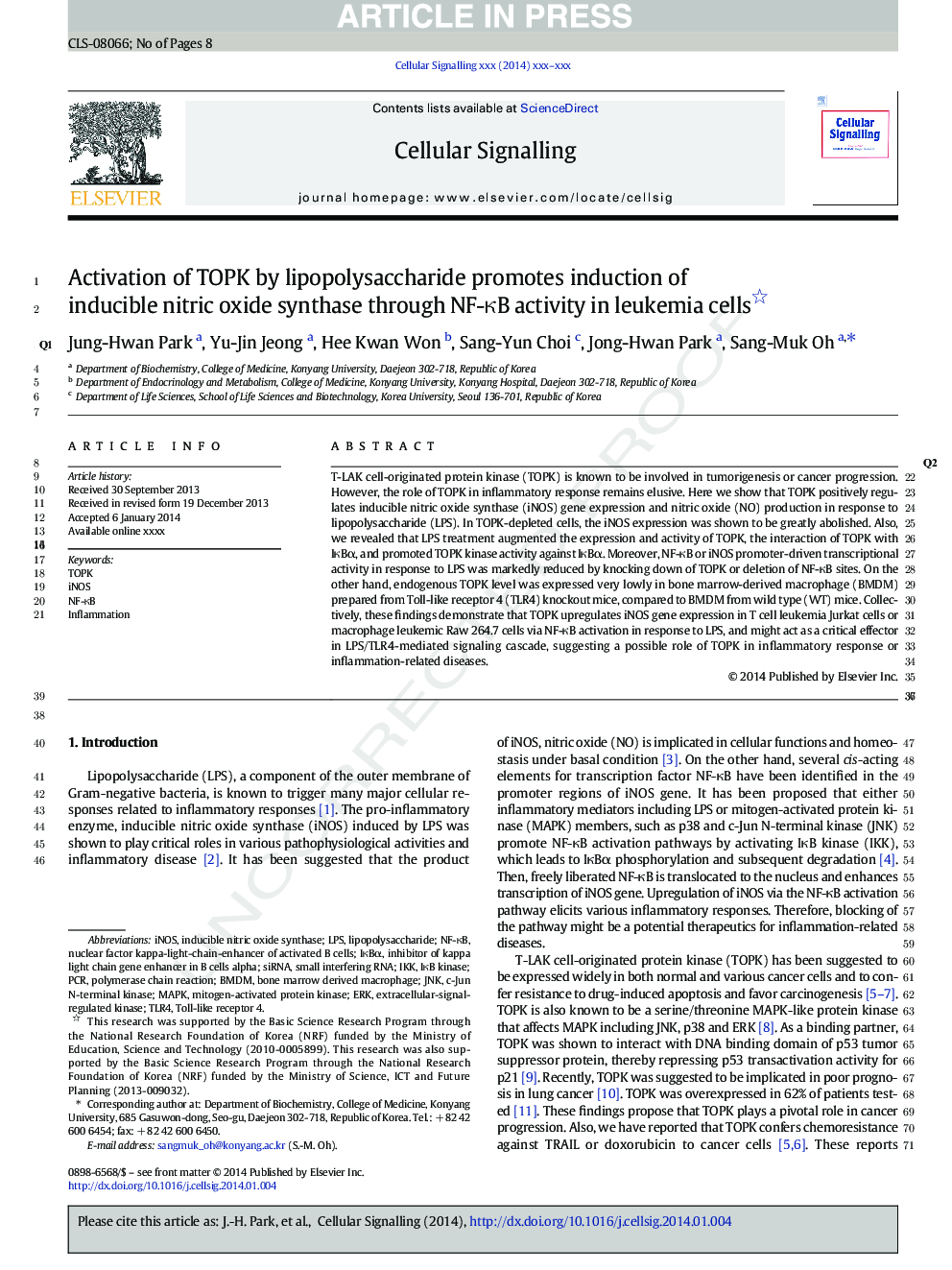 Activation of TOPK by lipopolysaccharide promotes induction of inducible nitric oxide synthase through NF-ÎºB activity in leukemia cells