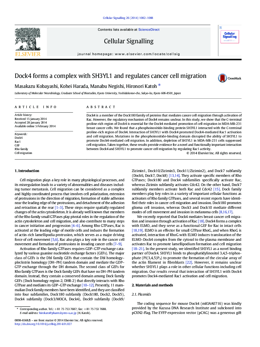 Dock4 forms a complex with SH3YL1 and regulates cancer cell migration