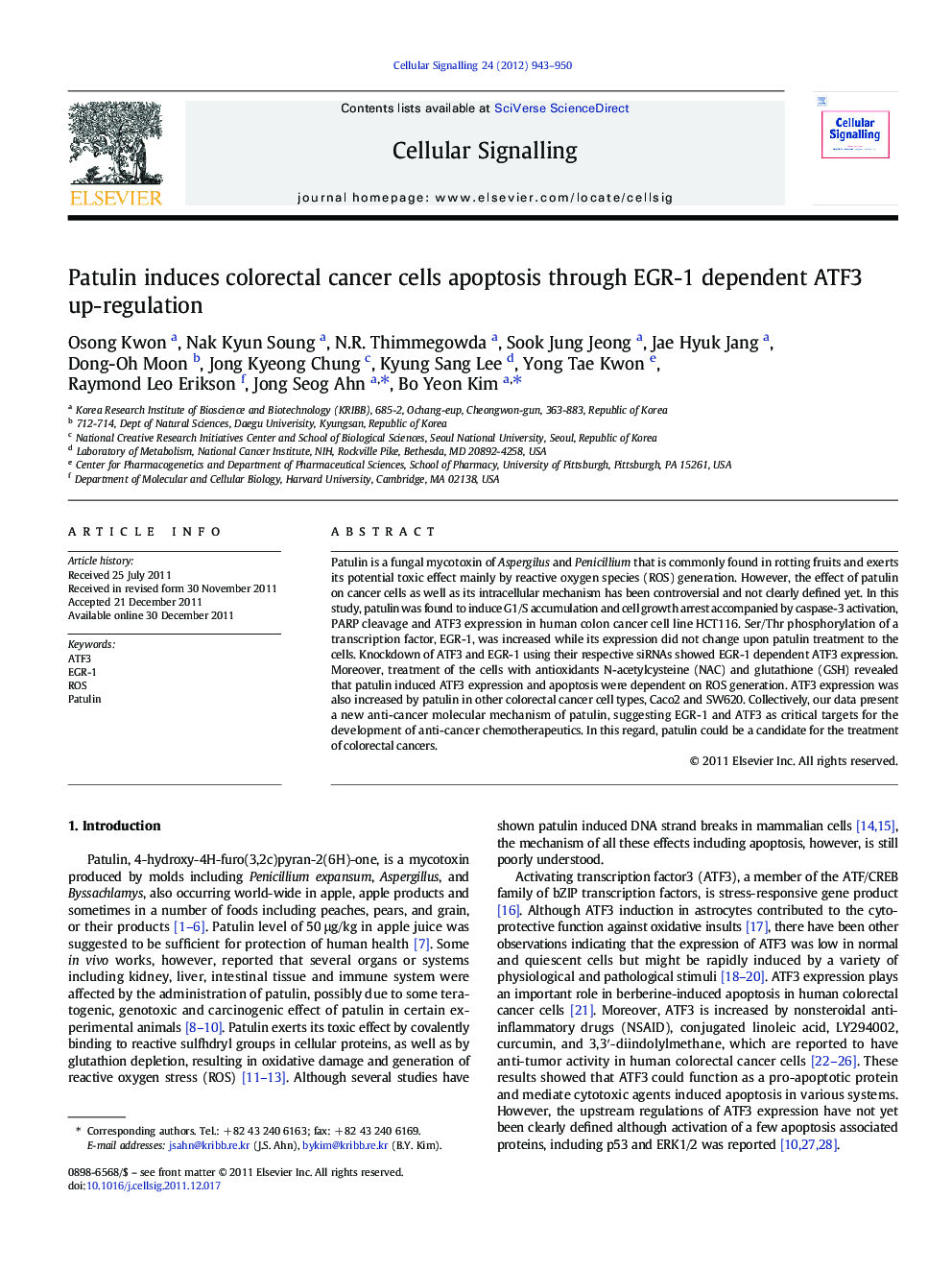 Patulin induces colorectal cancer cells apoptosis through EGR-1 dependent ATF3 up-regulation