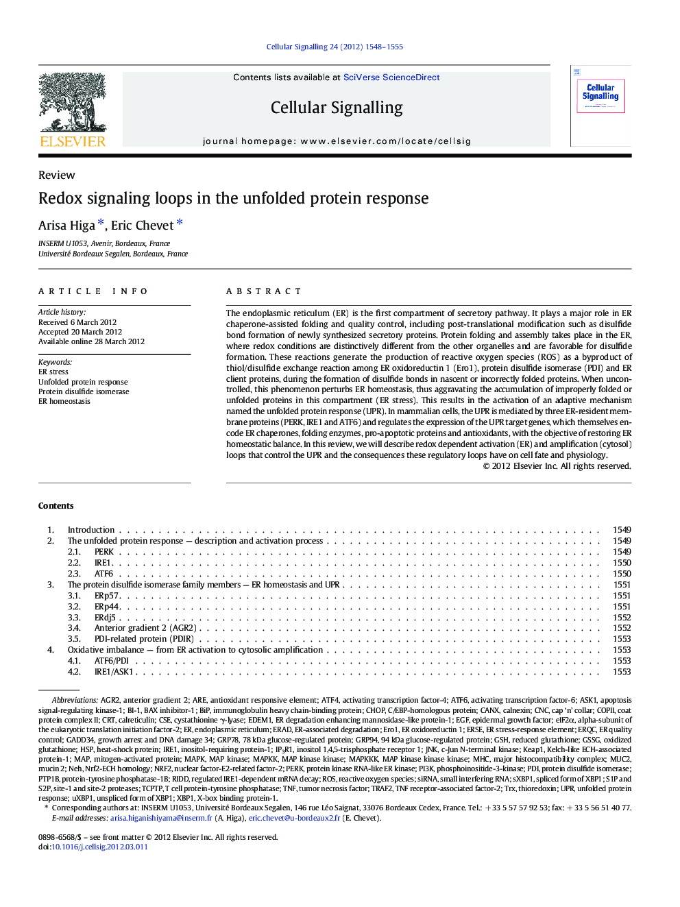 Redox signaling loops in the unfolded protein response