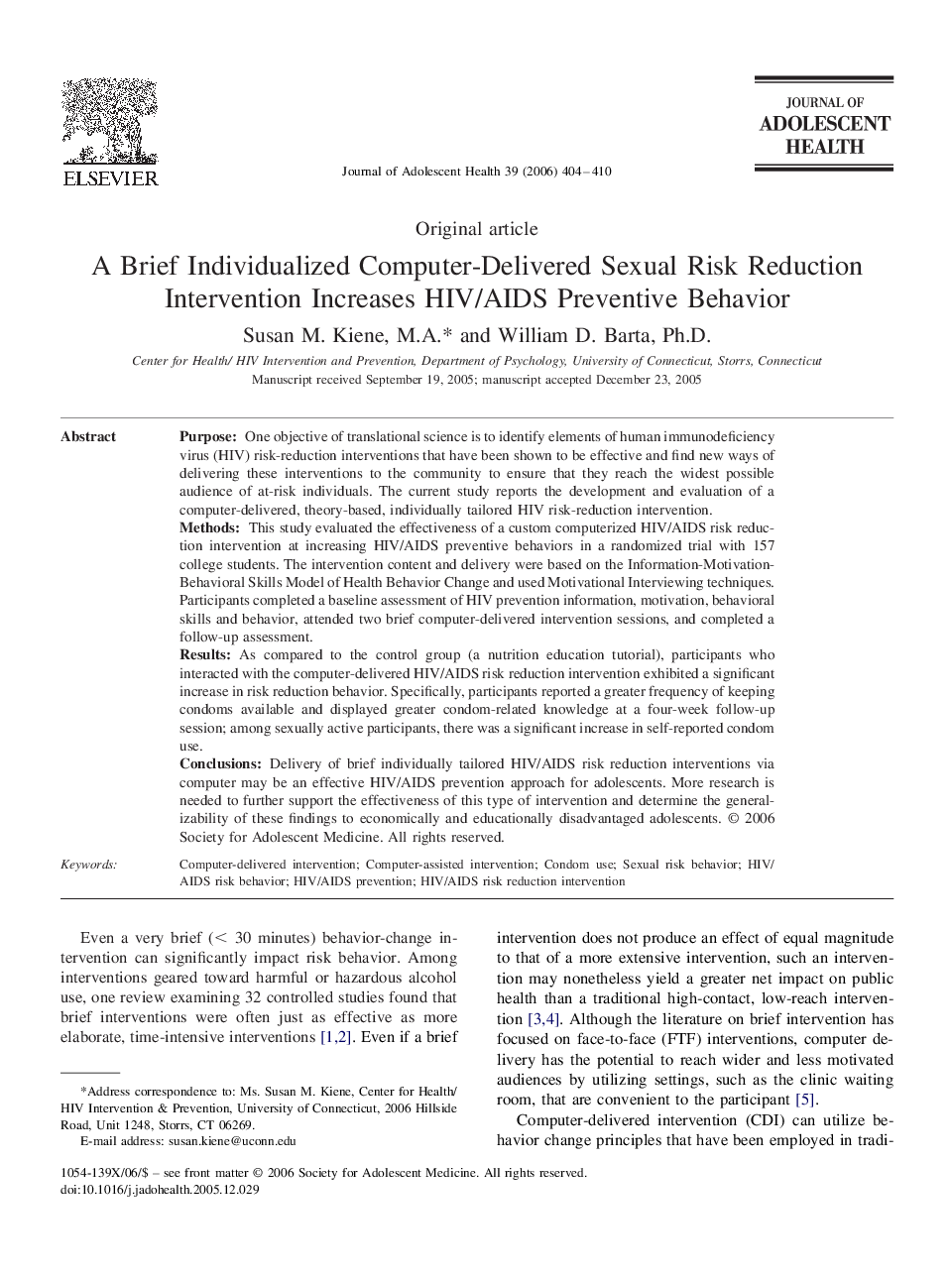 A Brief Individualized Computer-Delivered Sexual Risk Reduction Intervention Increases HIV/AIDS Preventive Behavior