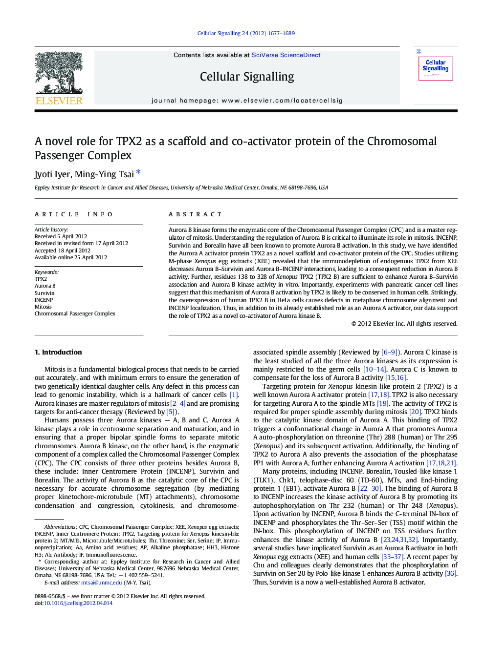 A novel role for TPX2 as a scaffold and co-activator protein of the Chromosomal Passenger Complex