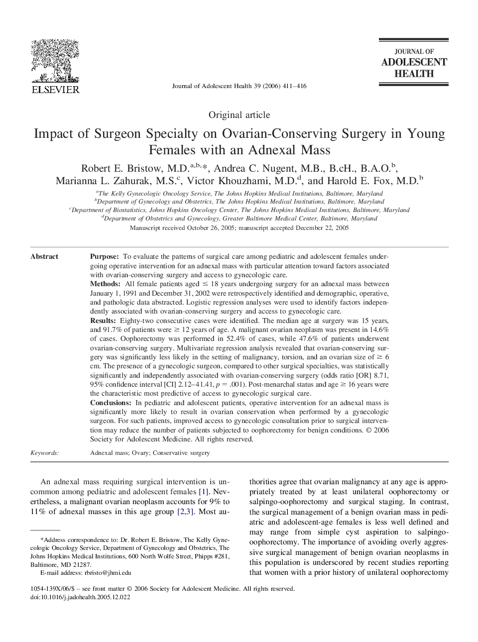 Impact of Surgeon Specialty on Ovarian-Conserving Surgery in Young Females with an Adnexal Mass