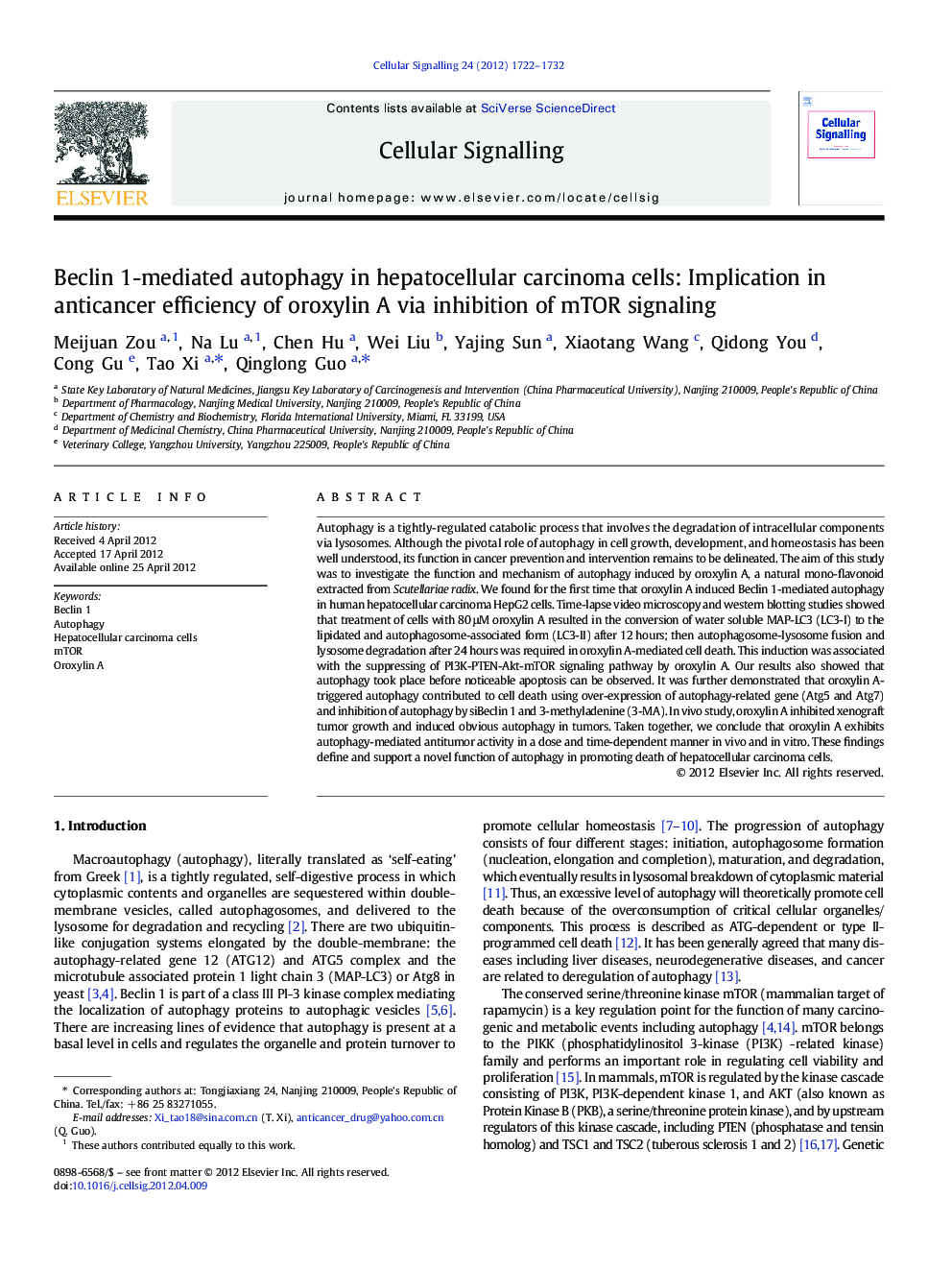 Beclin 1-mediated autophagy in hepatocellular carcinoma cells: Implication in anticancer efficiency of oroxylin A via inhibition of mTOR signaling