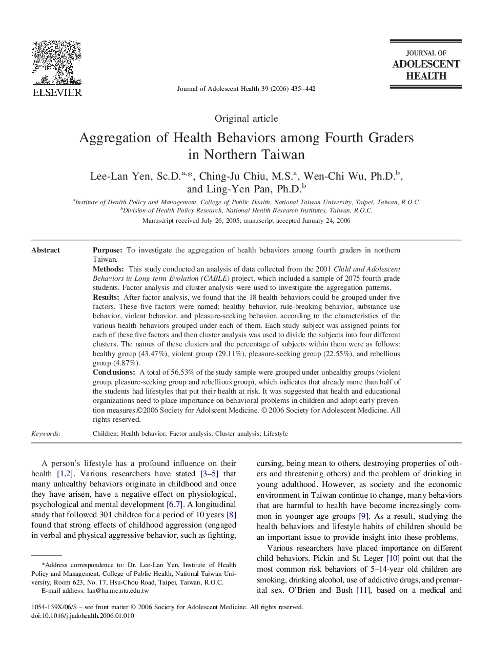 Aggregation of Health Behaviors among Fourth Graders in Northern Taiwan