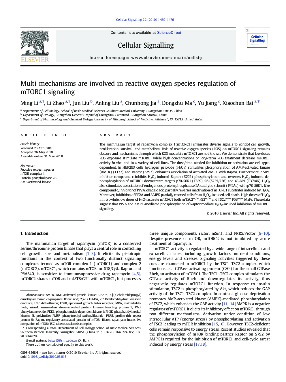 Multi-mechanisms are involved in reactive oxygen species regulation of mTORC1 signaling