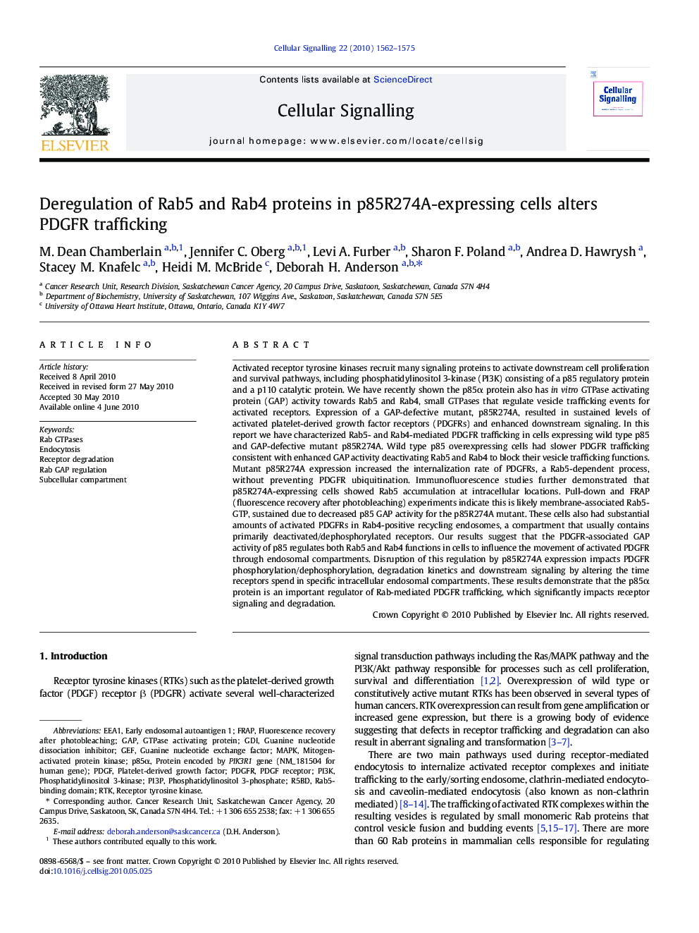 Deregulation of Rab5 and Rab4 proteins in p85R274A-expressing cells alters PDGFR trafficking