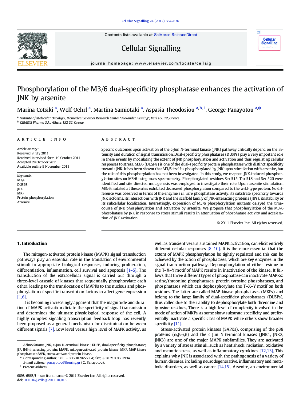 Phosphorylation of the M3/6 dual-specificity phosphatase enhances the activation of JNK by arsenite