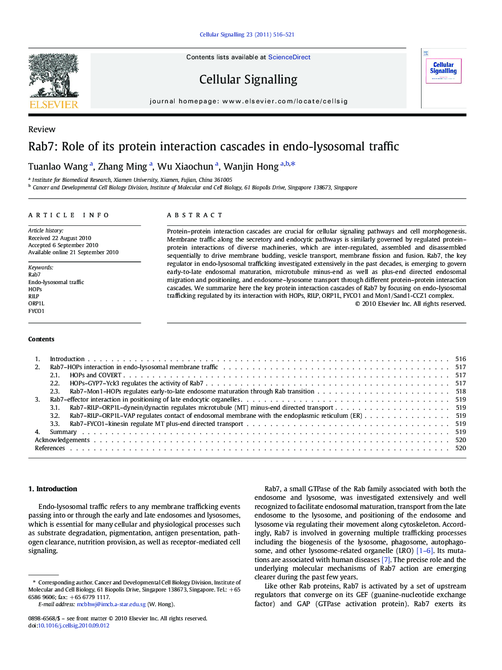 Rab7: Role of its protein interaction cascades in endo-lysosomal traffic