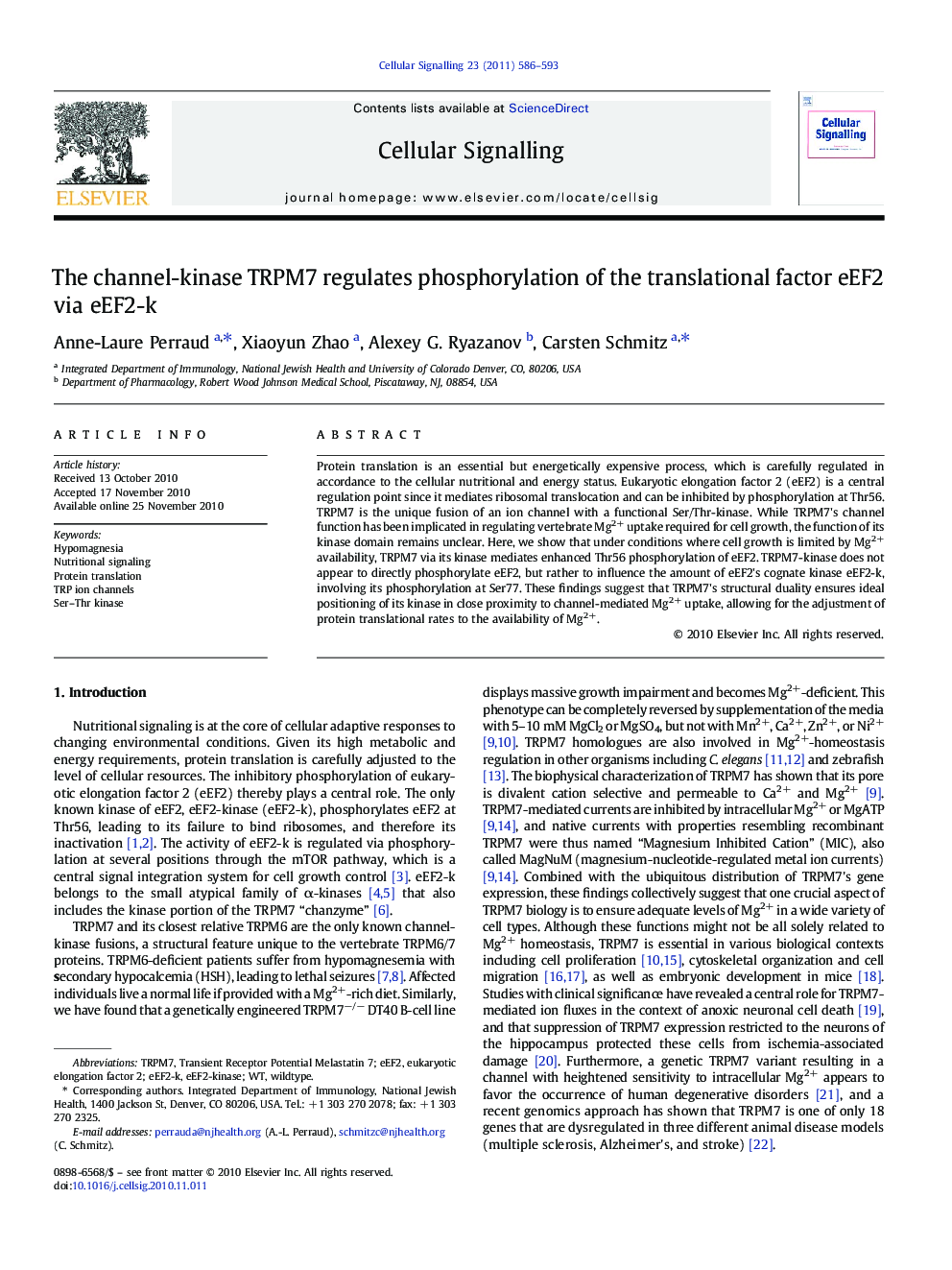 The channel-kinase TRPM7 regulates phosphorylation of the translational factor eEF2 via eEF2-k