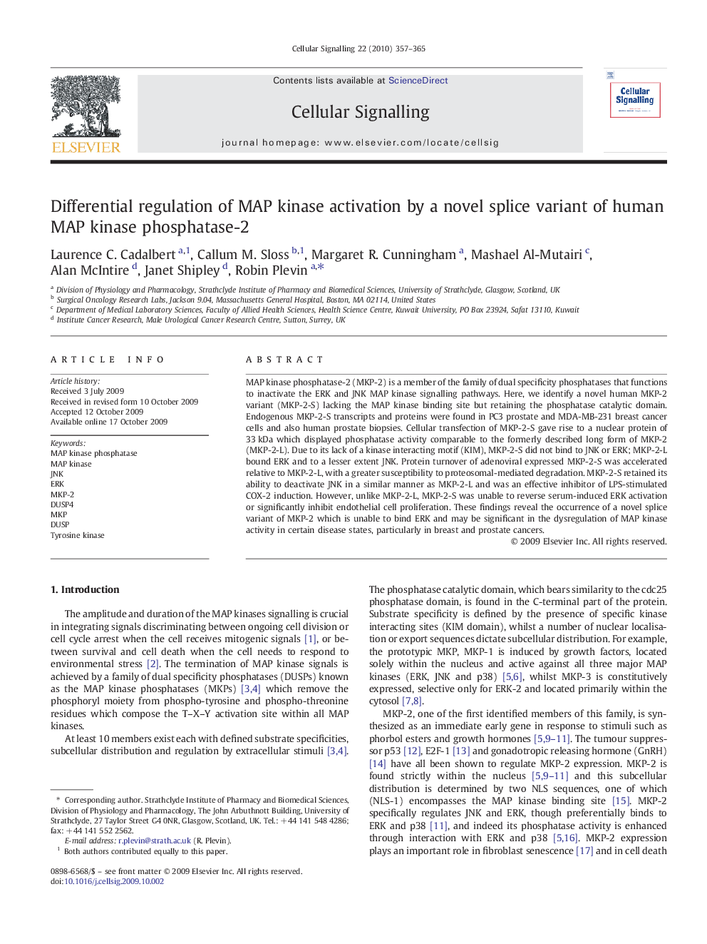 Differential regulation of MAP kinase activation by a novel splice variant of human MAP kinase phosphatase-2