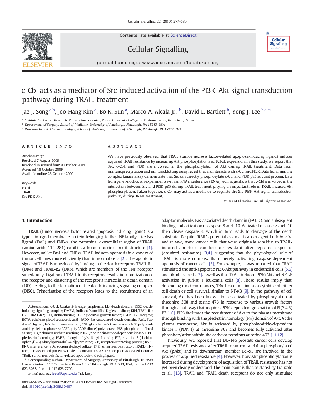 c-Cbl acts as a mediator of Src-induced activation of the PI3K-Akt signal transduction pathway during TRAIL treatment