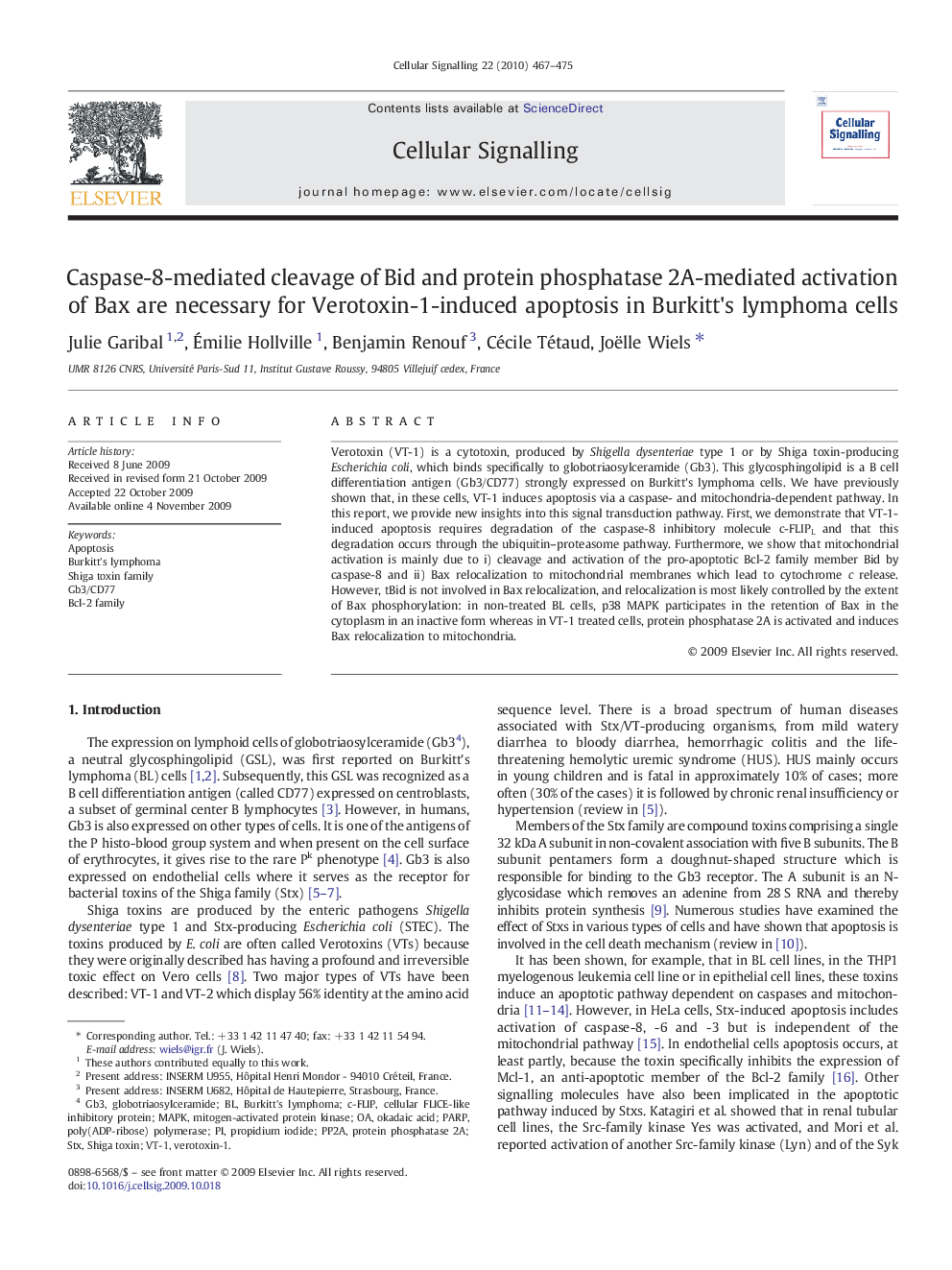 Caspase-8-mediated cleavage of Bid and protein phosphatase 2A-mediated activation of Bax are necessary for Verotoxin-1-induced apoptosis in Burkitt's lymphoma cells