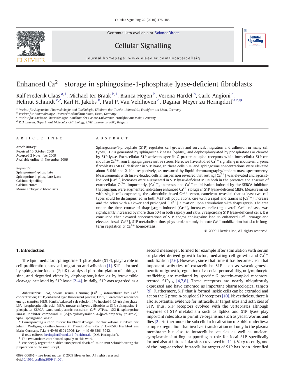 Enhanced Ca2+ storage in sphingosine-1-phosphate lyase-deficient fibroblasts