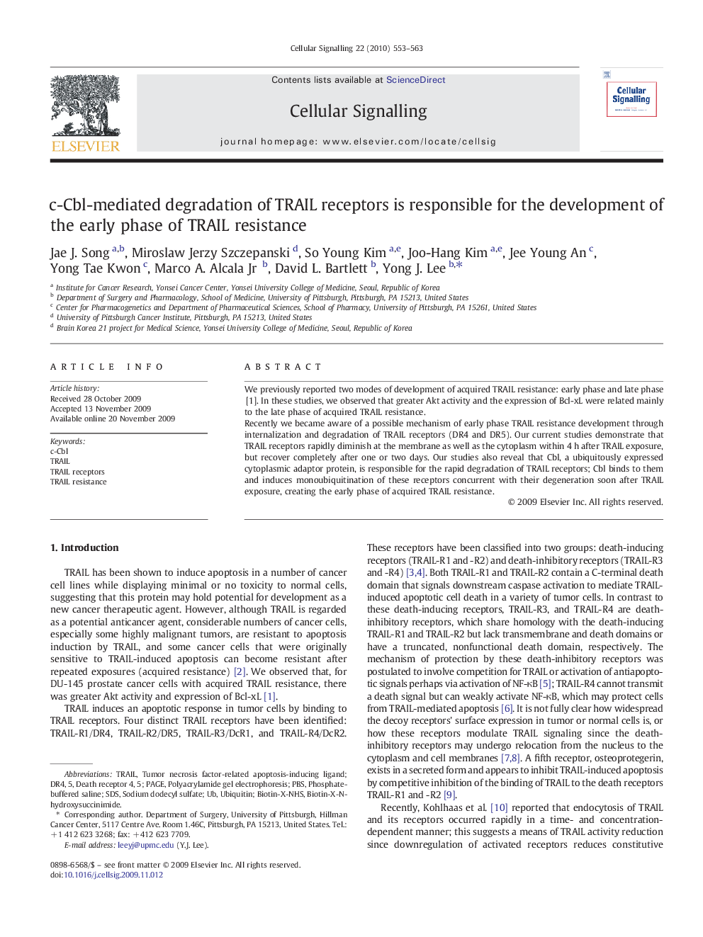 c-Cbl-mediated degradation of TRAIL receptors is responsible for the development of the early phase of TRAIL resistance