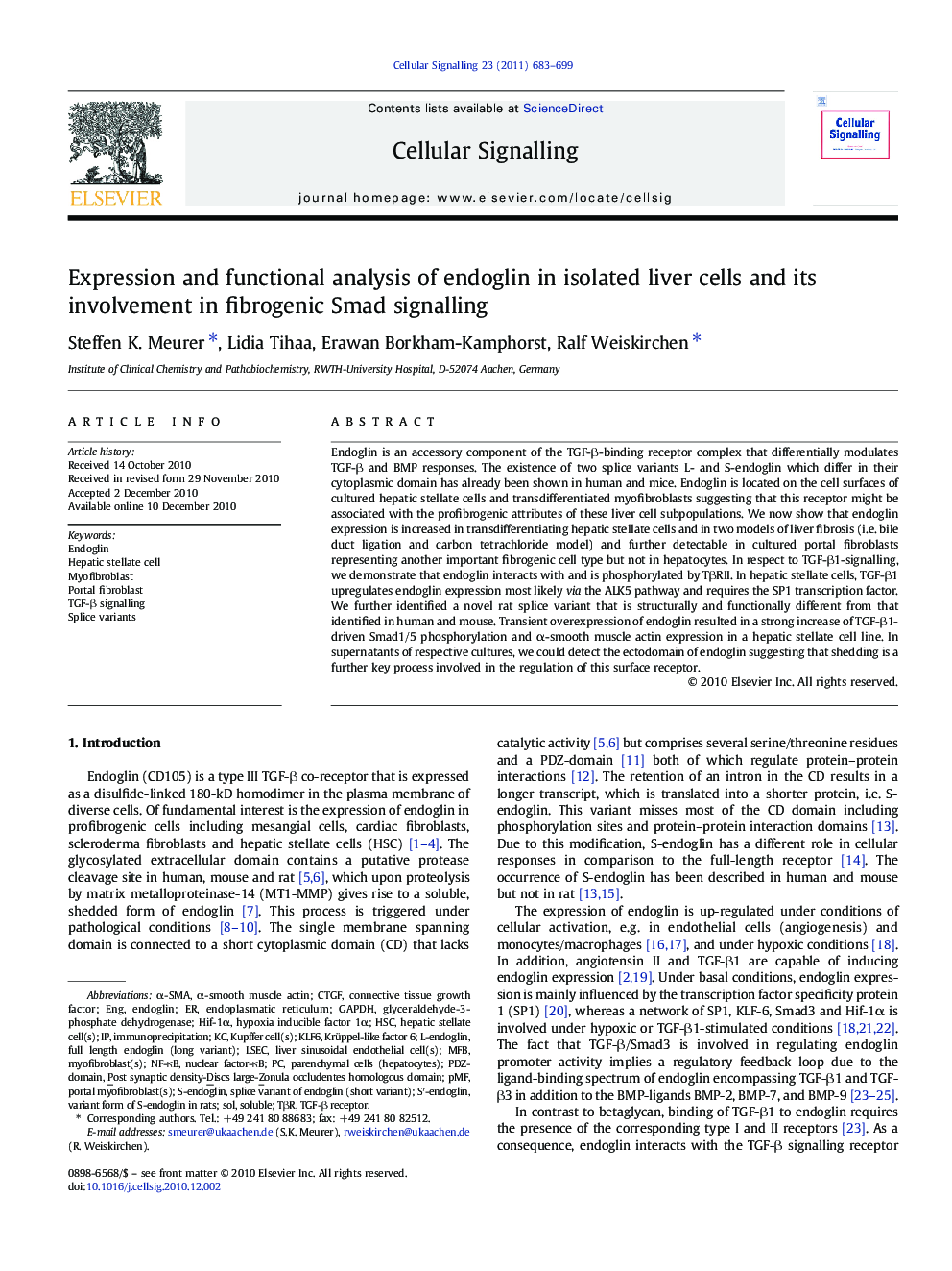 Expression and functional analysis of endoglin in isolated liver cells and its involvement in fibrogenic Smad signalling