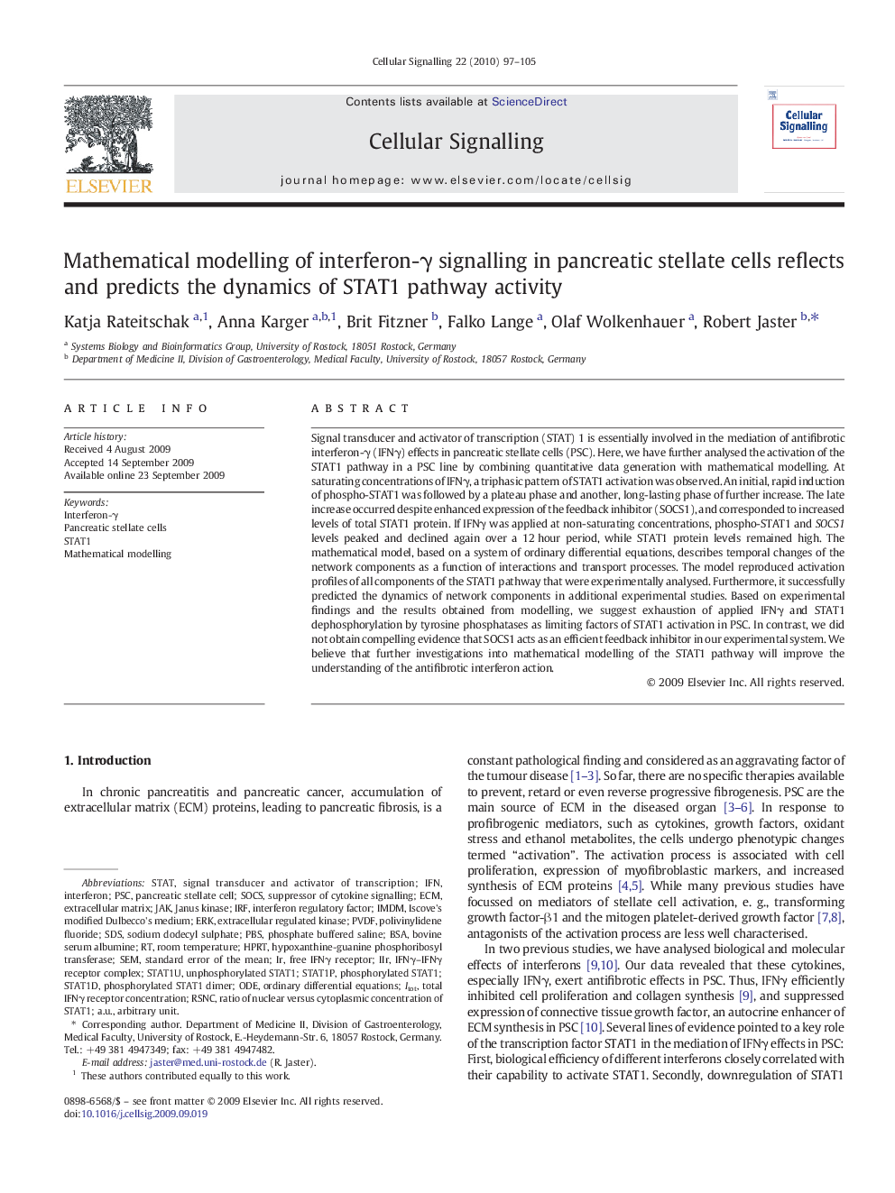 Mathematical modelling of interferon-Î³ signalling in pancreatic stellate cells reflects and predicts the dynamics of STAT1 pathway activity