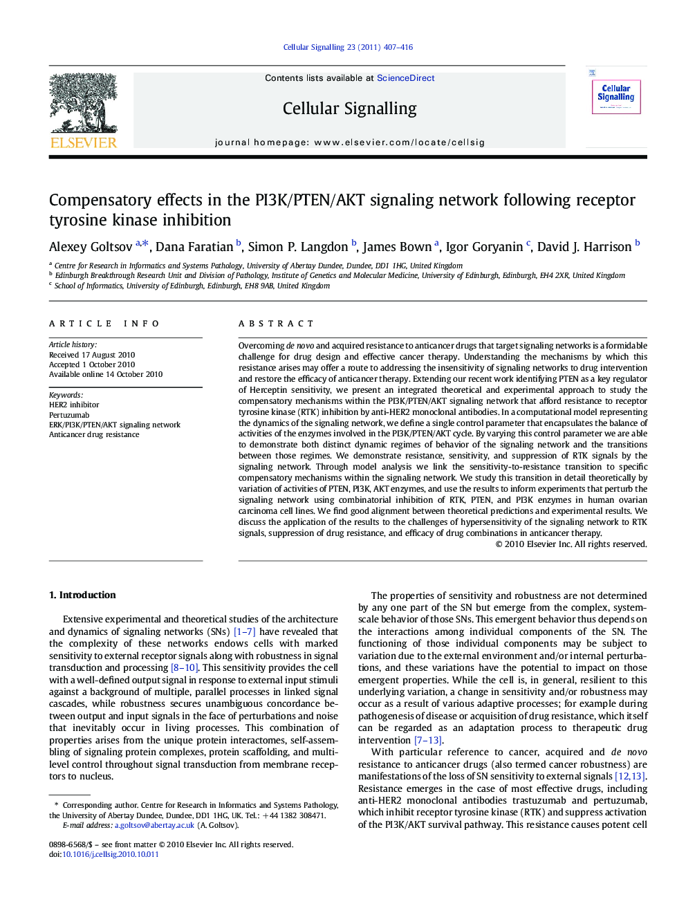 Compensatory effects in the PI3K/PTEN/AKT signaling network following receptor tyrosine kinase inhibition