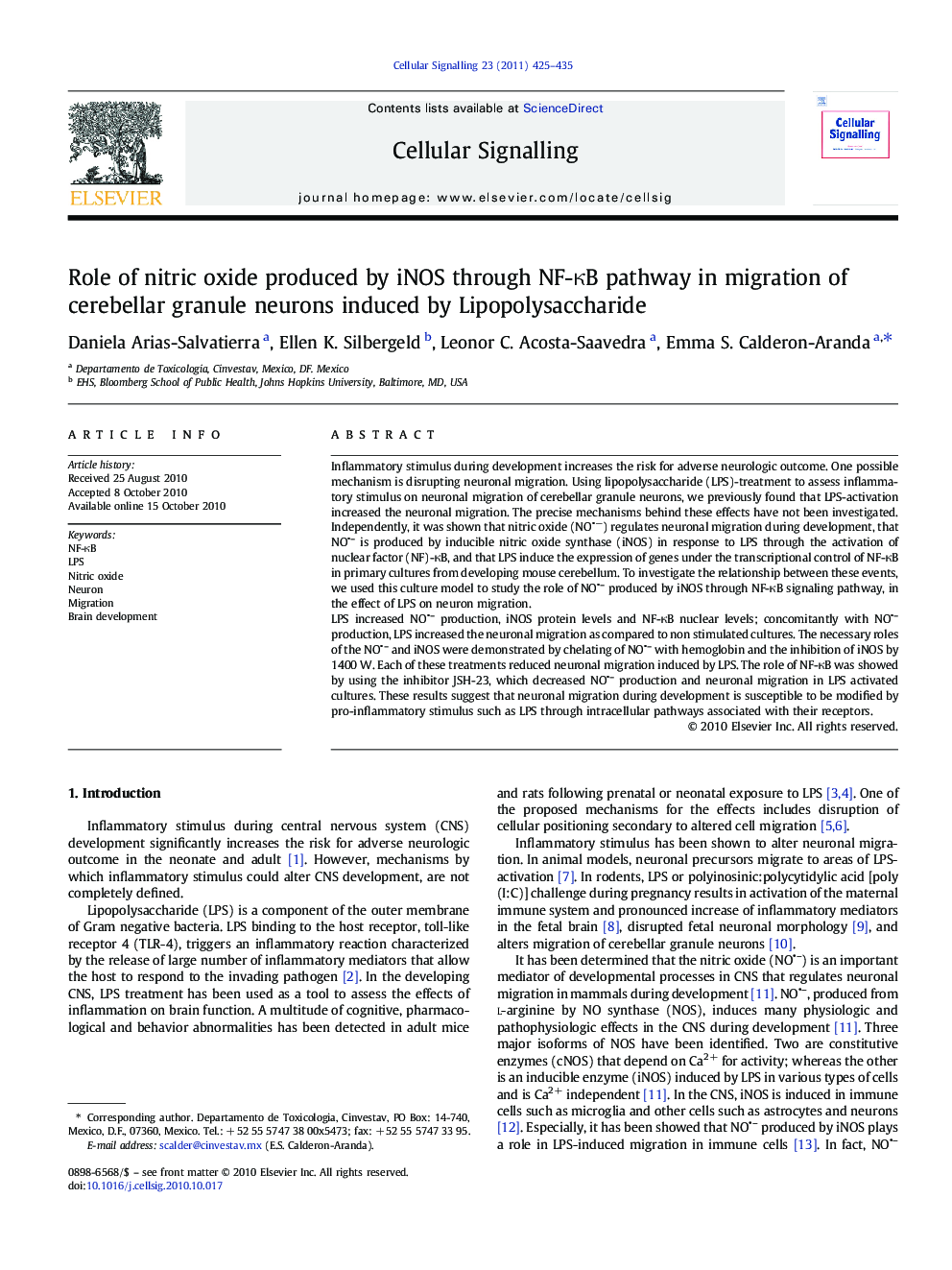 Role of nitric oxide produced by iNOS through NF-ÎºB pathway in migration of cerebellar granule neurons induced by Lipopolysaccharide