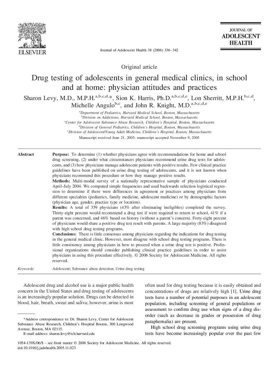 Drug testing of adolescents in general medical clinics, in school and at home: physician attitudes and practices