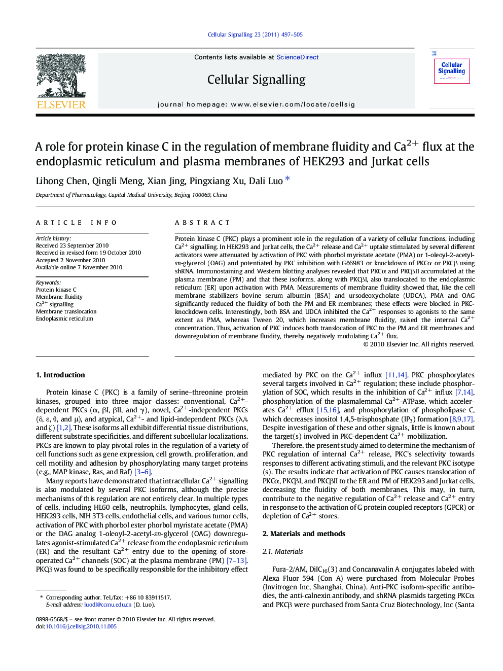 A role for protein kinase C in the regulation of membrane fluidity and Ca2+ flux at the endoplasmic reticulum and plasma membranes of HEK293 and Jurkat cells