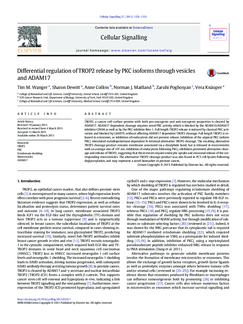 Differential regulation of TROP2 release by PKC isoforms through vesicles and ADAM17