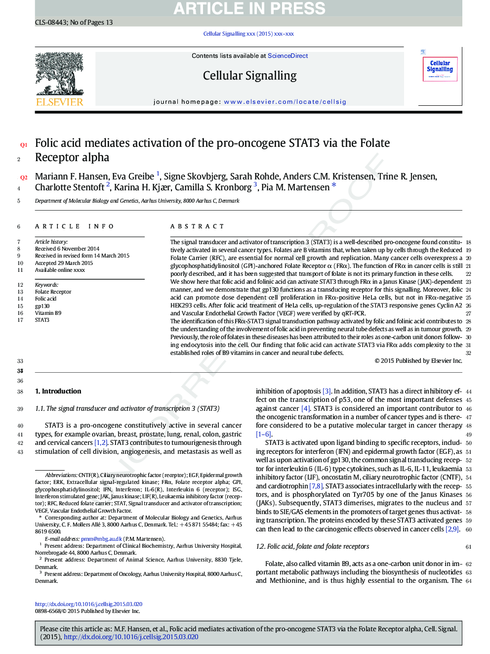 Folic acid mediates activation of the pro-oncogene STAT3 via the Folate Receptor alpha