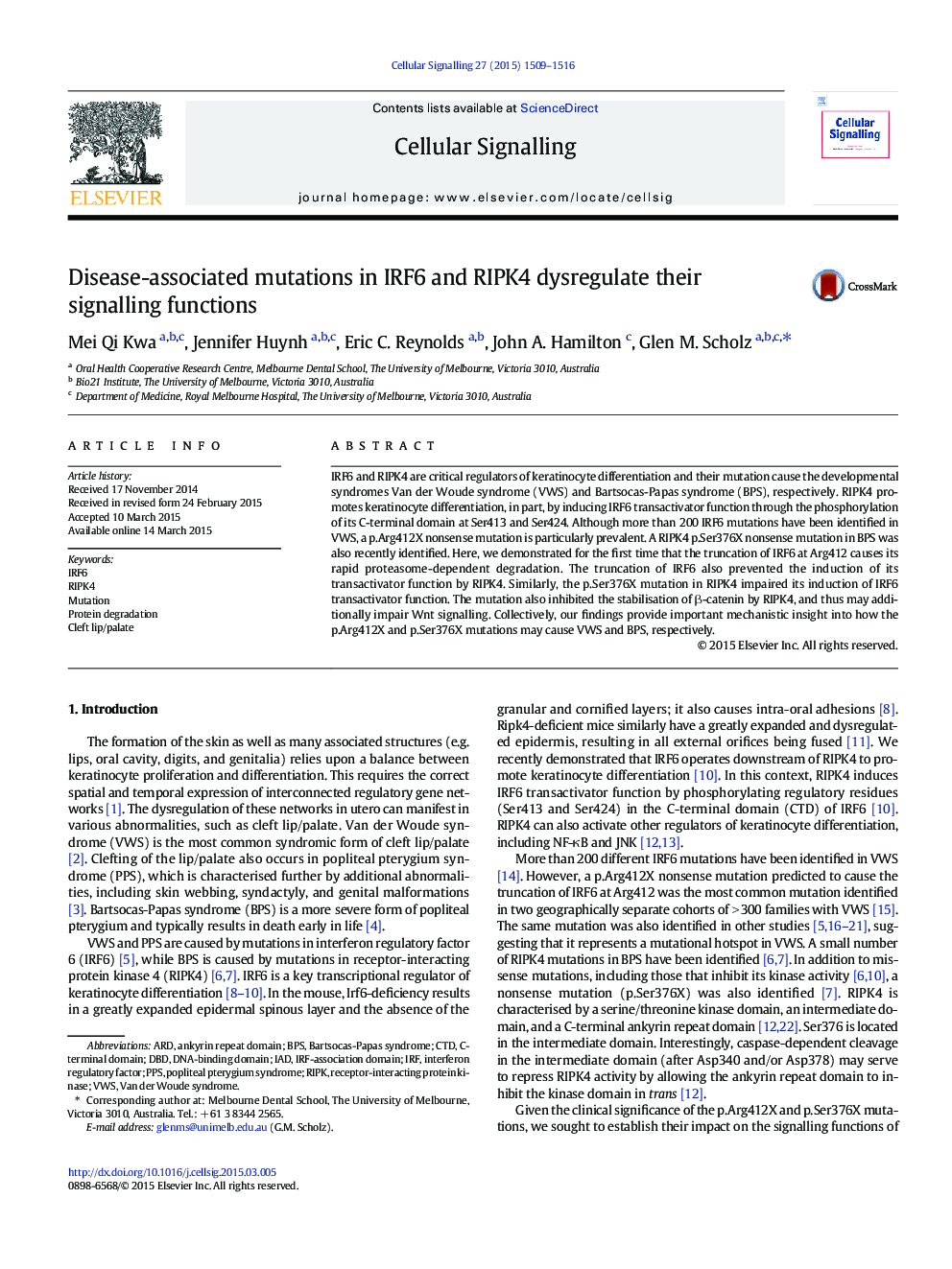 Disease-associated mutations in IRF6 and RIPK4 dysregulate their signalling functions