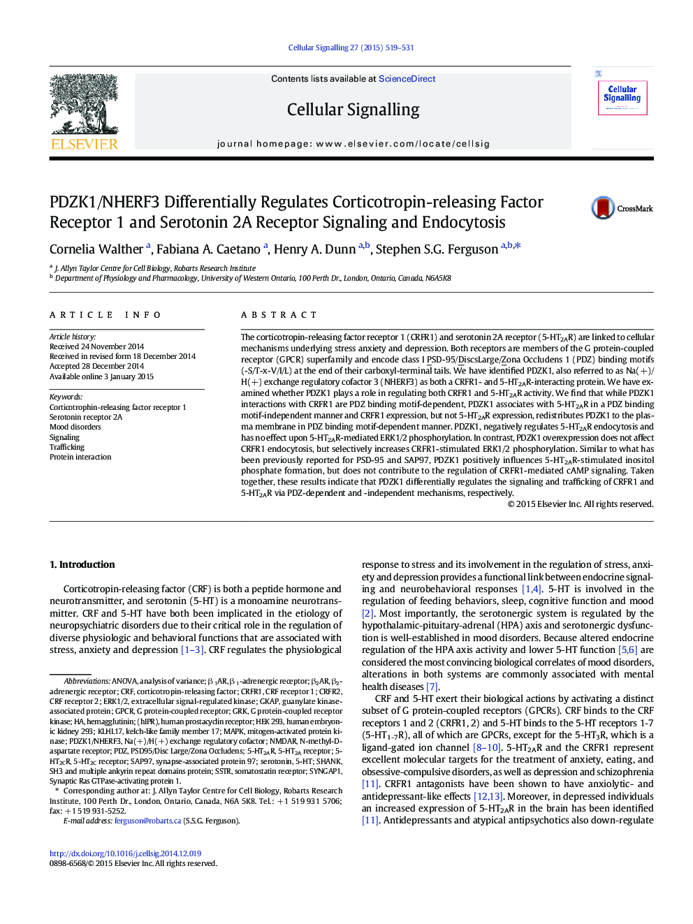 PDZK1/NHERF3 Differentially Regulates Corticotropin-releasing Factor Receptor 1 and Serotonin 2A Receptor Signaling and Endocytosis