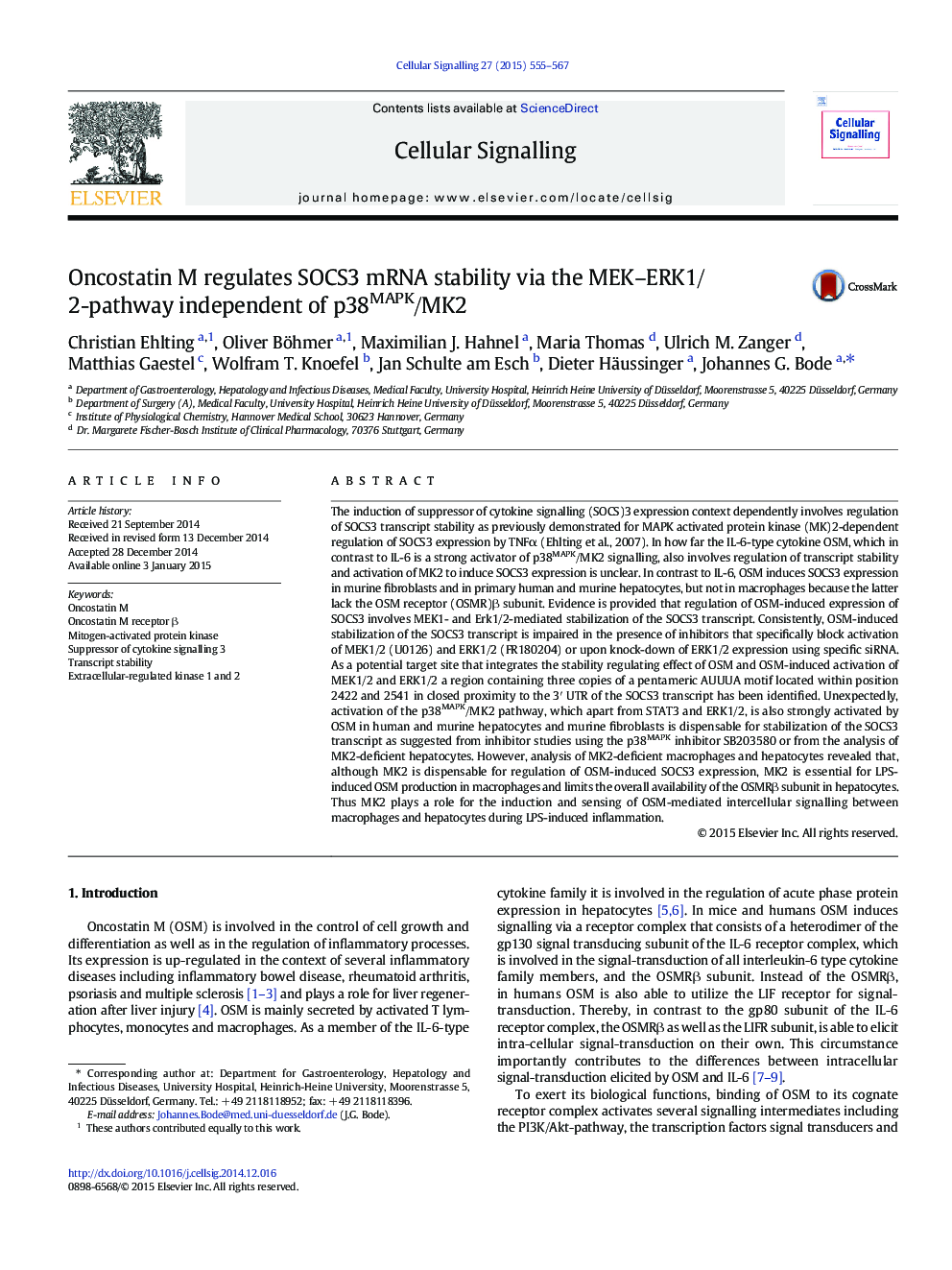 Oncostatin M regulates SOCS3 mRNA stability via the MEK-ERK1/2-pathway independent of p38MAPK/MK2