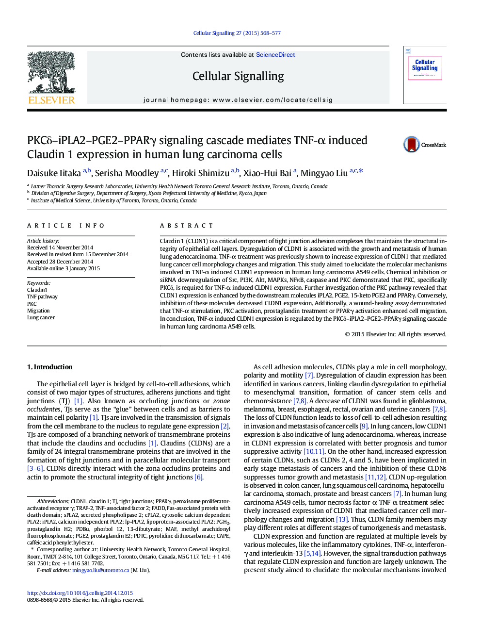 PKCÎ´-iPLA2-PGE2-PPARÎ³ signaling cascade mediates TNF-Î± induced Claudin 1 expression in human lung carcinoma cells