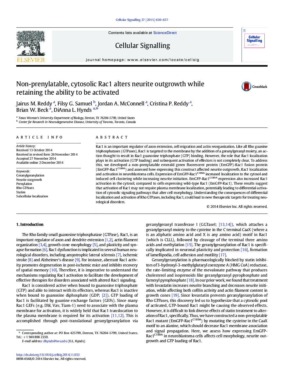 Non-prenylatable, cytosolic Rac1 alters neurite outgrowth while retaining the ability to be activated