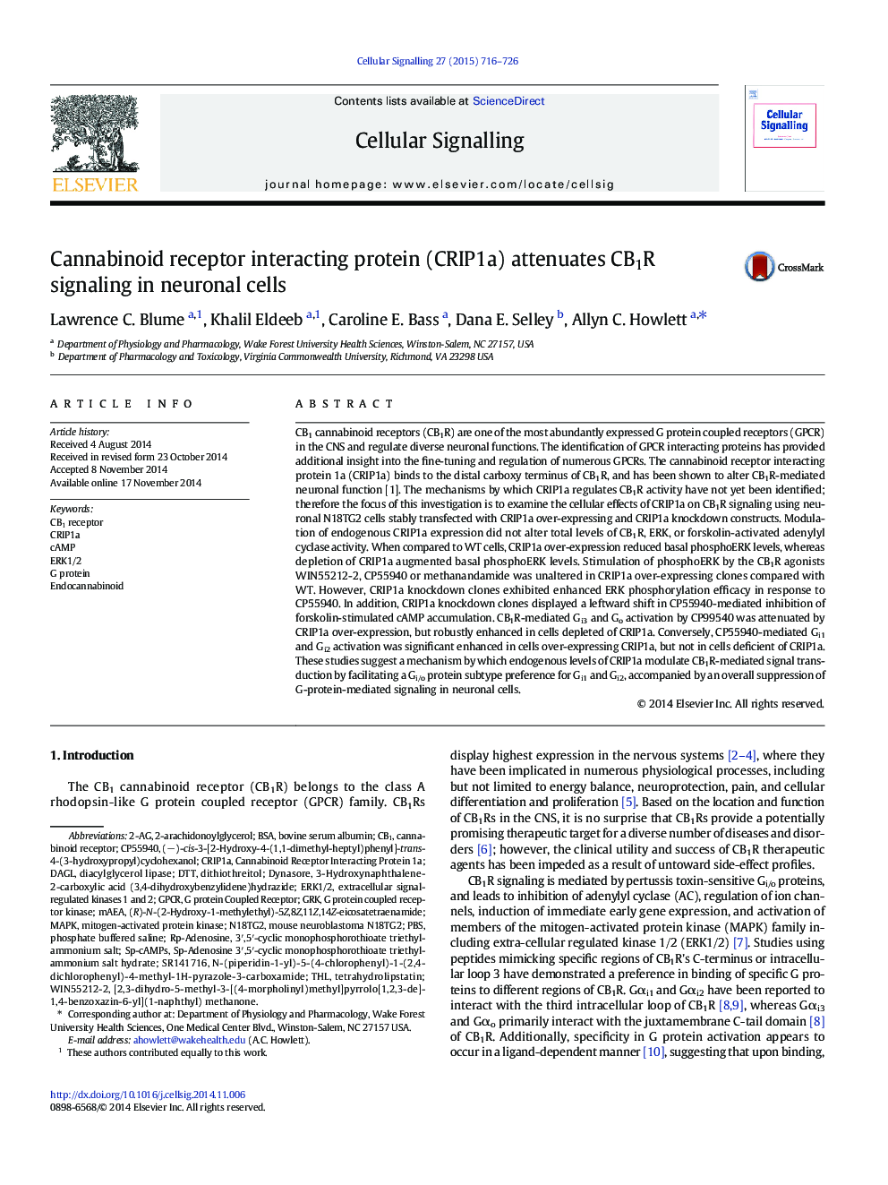 Cannabinoid receptor interacting protein (CRIP1a) attenuates CB1R signaling in neuronal cells