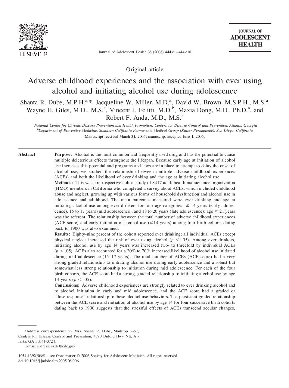 Adverse childhood experiences and the association with ever using alcohol and initiating alcohol use during adolescence