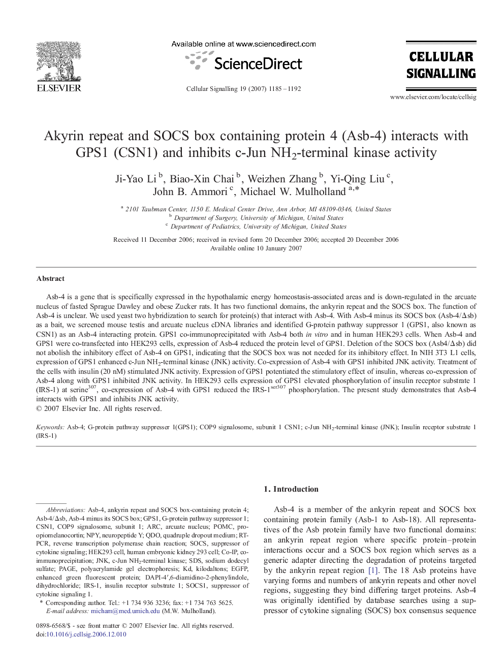 Akyrin repeat and SOCS box containing protein 4 (Asb-4) interacts with GPS1 (CSN1) and inhibits c-Jun NH2-terminal kinase activity