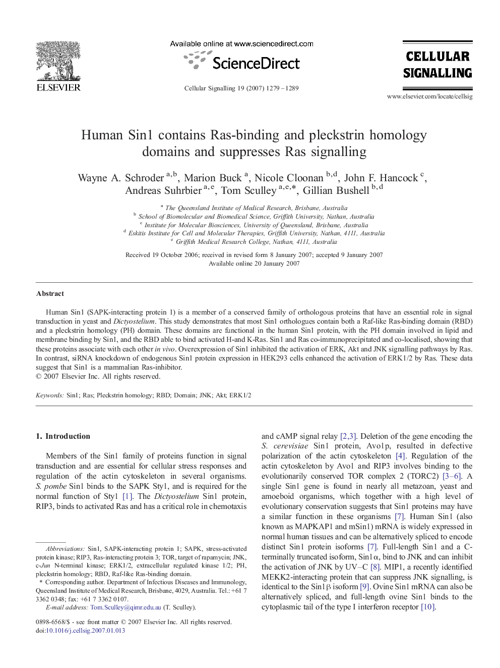 Human Sin1 contains Ras-binding and pleckstrin homology domains and suppresses Ras signalling