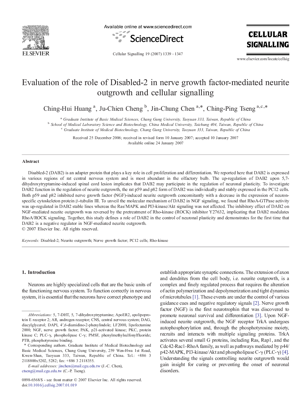 Evaluation of the role of Disabled-2 in nerve growth factor-mediated neurite outgrowth and cellular signalling