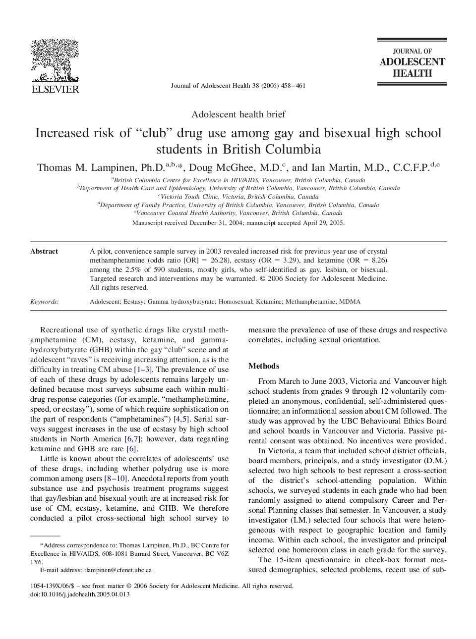 Increased risk of “club” drug use among gay and bisexual high school students in British Columbia