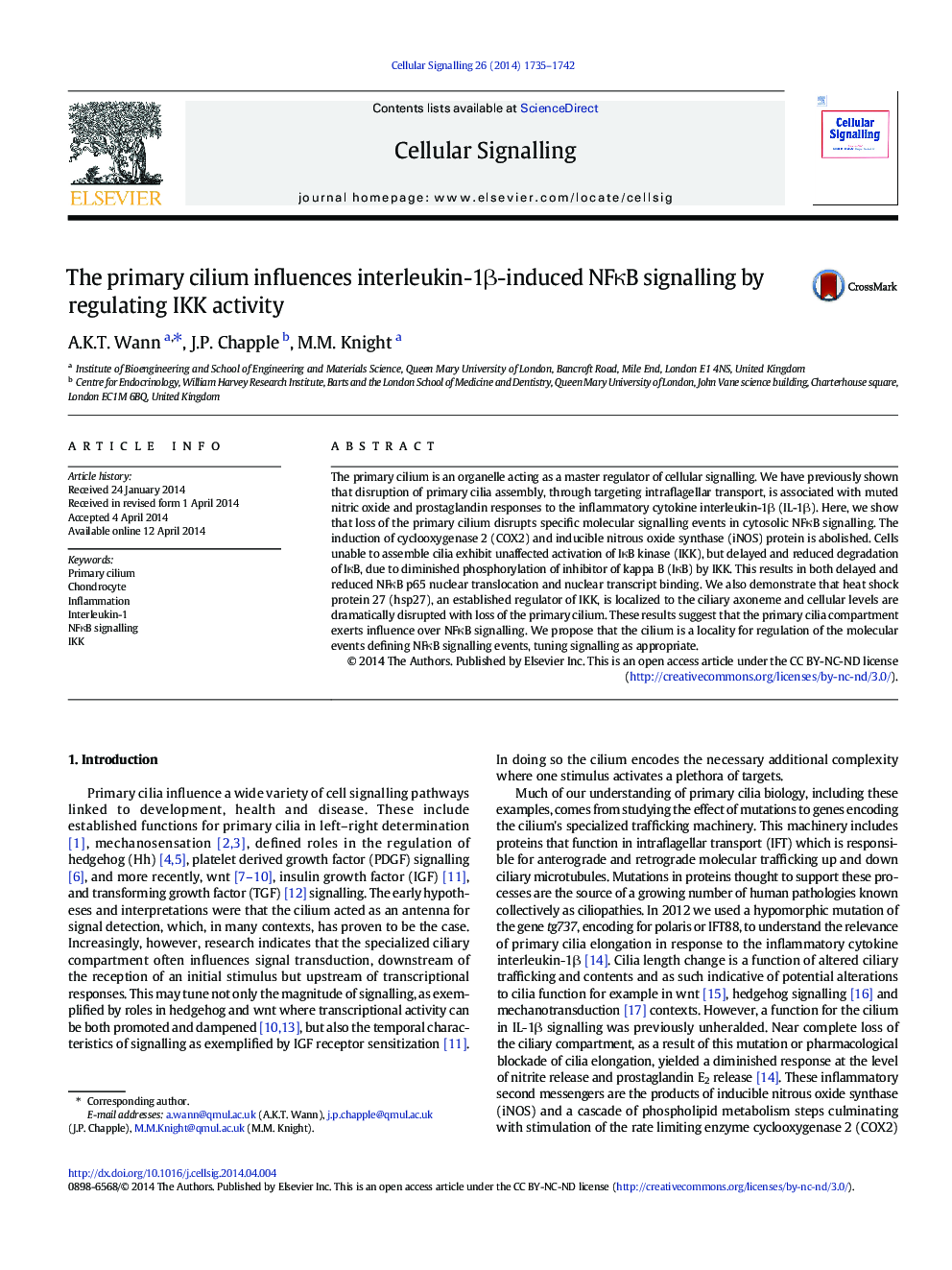 The primary cilium influences interleukin-1Î²-induced NFÎºB signalling by regulating IKK activity