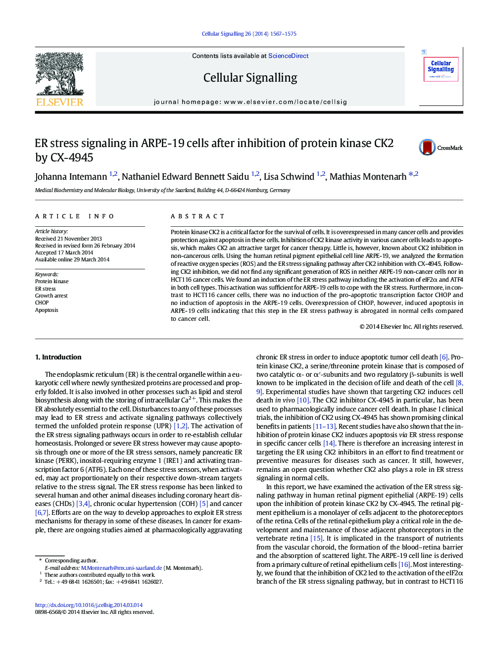 ER stress signaling in ARPE-19 cells after inhibition of protein kinase CK2 by CX-4945