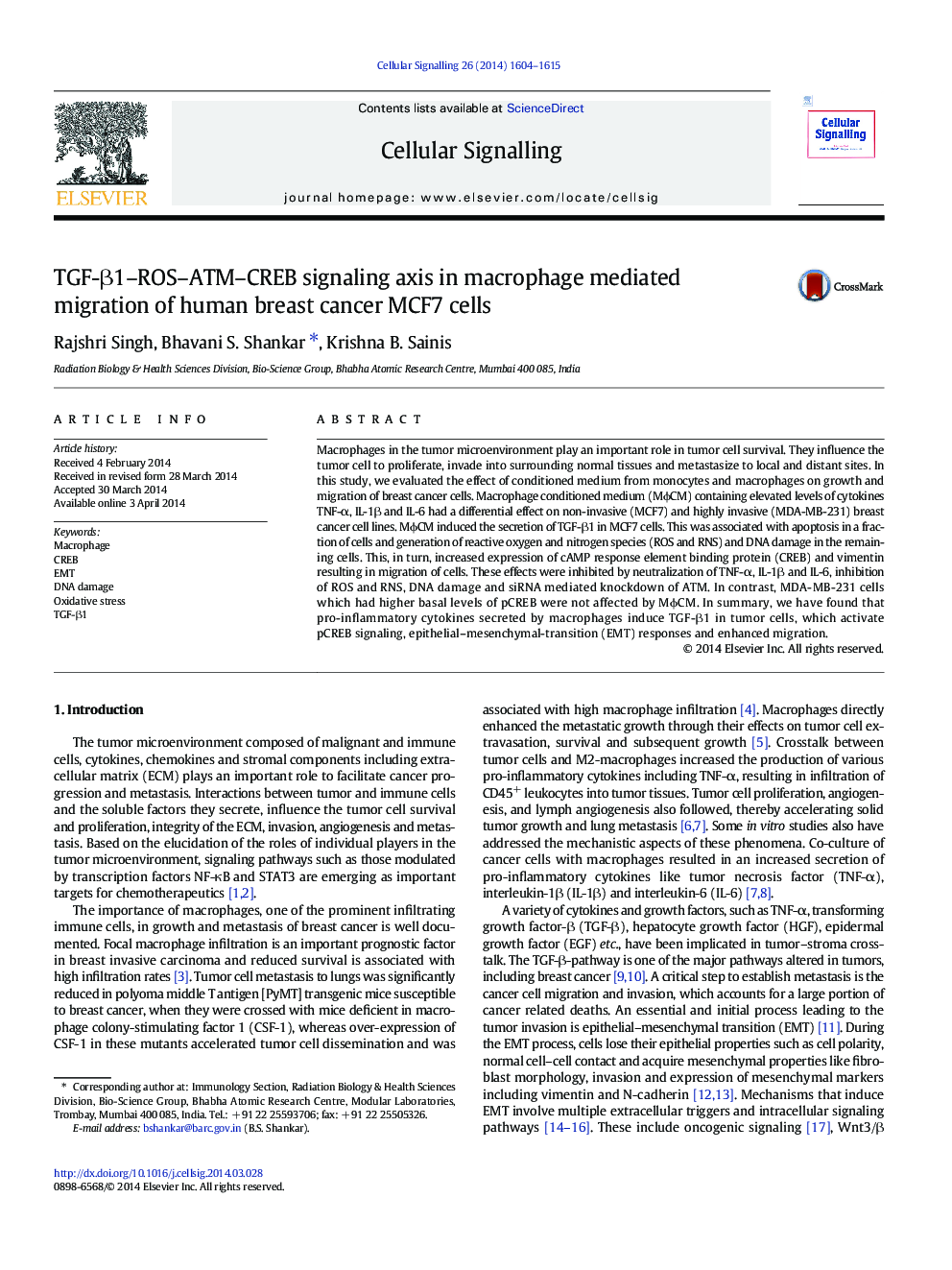 TGF-Î²1-ROS-ATM-CREB signaling axis in macrophage mediated migration of human breast cancer MCF7 cells